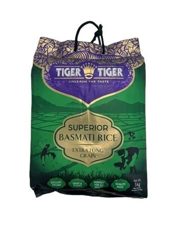 Tiger Tiger, basmati, rijst, 5kg, premium, kwaliteit, Indiase, Pakistaanse, gerechten, biryani, pilaf, langkorrelige, aroma, luchtig, los, koken, exotisch, voedsel, authentiek, Azië, Good Exotic Food, webshop, glutenvrij, allergenenvrij,