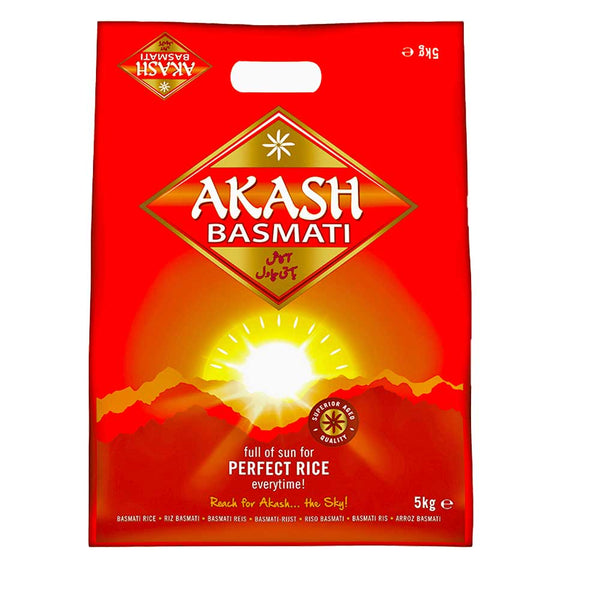 Akash, basmati, rijst, 5kg, premium, kwaliteit, Indiase, Pakistaanse, gerechten, biryani, pilaf, langkorrelige, aroma, luchtig, los, koken, exotisch, voedsel, authentiek, Azië, Good Exotic Food, webshop, glutenvrij, allergenenvrij,